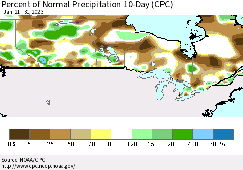 Canada Percent of Normal Precipitation 10-Day (CPC) Thematic Map For 1/21/2023 - 1/31/2023