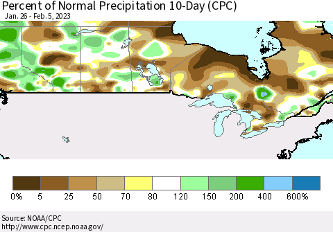 Canada Percent of Normal Precipitation 10-Day (CPC) Thematic Map For 1/26/2023 - 2/5/2023