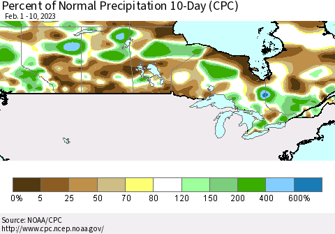 Canada Percent of Normal Precipitation 10-Day (CPC) Thematic Map For 2/1/2023 - 2/10/2023