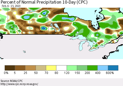 Canada Percent of Normal Precipitation 10-Day (CPC) Thematic Map For 2/6/2023 - 2/15/2023