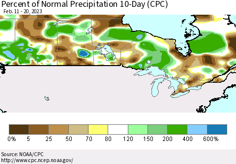Canada Percent of Normal Precipitation 10-Day (CPC) Thematic Map For 2/11/2023 - 2/20/2023