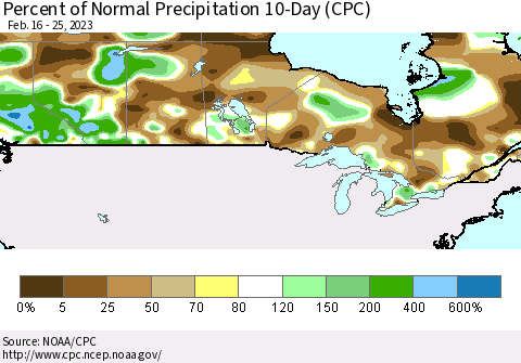 Canada Percent of Normal Precipitation 10-Day (CPC) Thematic Map For 2/16/2023 - 2/25/2023