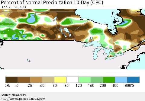 Canada Percent of Normal Precipitation 10-Day (CPC) Thematic Map For 2/21/2023 - 2/28/2023