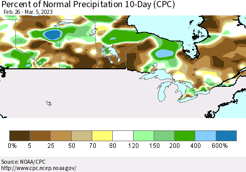Canada Percent of Normal Precipitation 10-Day (CPC) Thematic Map For 2/26/2023 - 3/5/2023