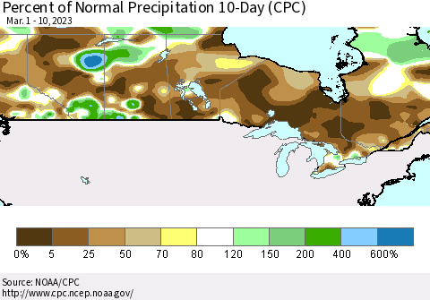 Canada Percent of Normal Precipitation 10-Day (CPC) Thematic Map For 3/1/2023 - 3/10/2023