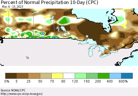 Canada Percent of Normal Precipitation 10-Day (CPC) Thematic Map For 3/6/2023 - 3/15/2023