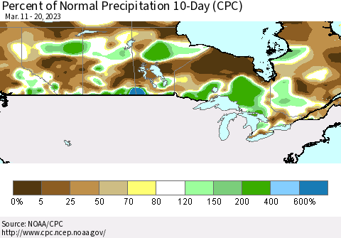Canada Percent of Normal Precipitation 10-Day (CPC) Thematic Map For 3/11/2023 - 3/20/2023