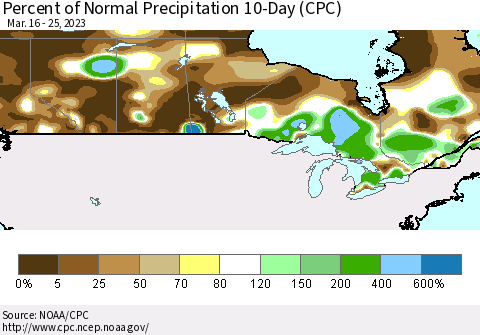 Canada Percent of Normal Precipitation 10-Day (CPC) Thematic Map For 3/16/2023 - 3/25/2023