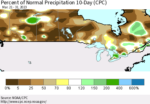 Canada Percent of Normal Precipitation 10-Day (CPC) Thematic Map For 3/21/2023 - 3/31/2023