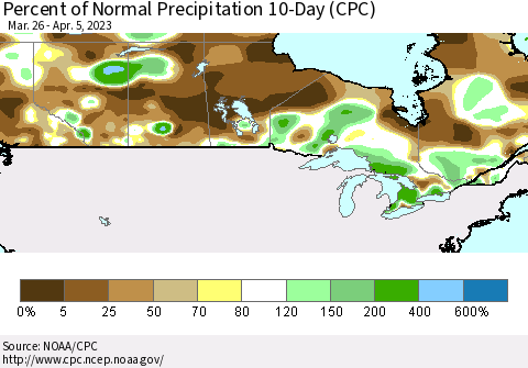 Canada Percent of Normal Precipitation 10-Day (CPC) Thematic Map For 3/26/2023 - 4/5/2023