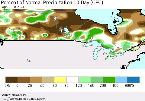 Canada Percent of Normal Precipitation 10-Day (CPC) Thematic Map For 4/1/2023 - 4/10/2023