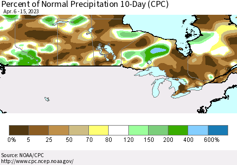 Canada Percent of Normal Precipitation 10-Day (CPC) Thematic Map For 4/6/2023 - 4/15/2023
