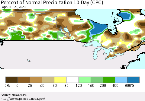 Canada Percent of Normal Precipitation 10-Day (CPC) Thematic Map For 4/11/2023 - 4/20/2023