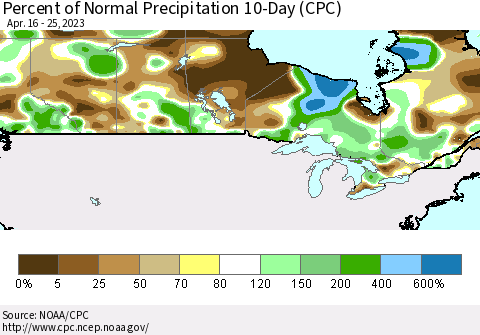 Canada Percent of Normal Precipitation 10-Day (CPC) Thematic Map For 4/16/2023 - 4/25/2023