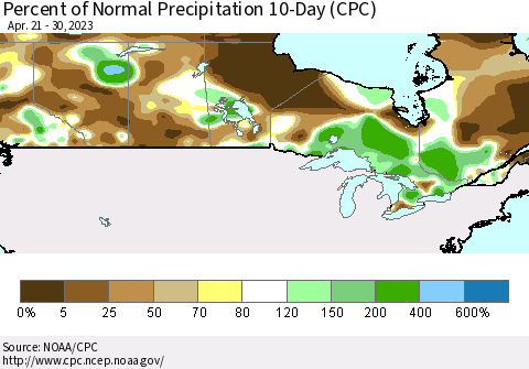 Canada Percent of Normal Precipitation 10-Day (CPC) Thematic Map For 4/21/2023 - 4/30/2023