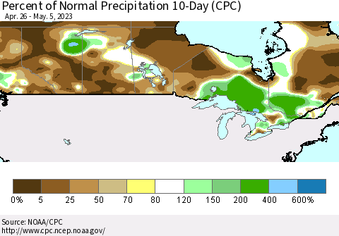 Canada Percent of Normal Precipitation 10-Day (CPC) Thematic Map For 4/26/2023 - 5/5/2023