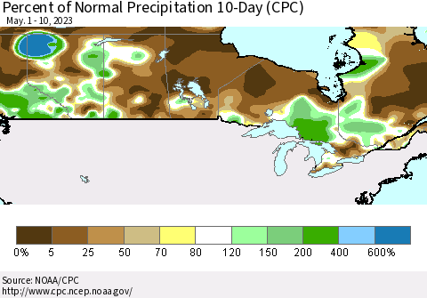 Canada Percent of Normal Precipitation 10-Day (CPC) Thematic Map For 5/1/2023 - 5/10/2023