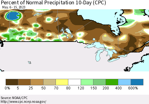 Canada Percent of Normal Precipitation 10-Day (CPC) Thematic Map For 5/6/2023 - 5/15/2023