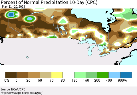 Canada Percent of Normal Precipitation 10-Day (CPC) Thematic Map For 5/11/2023 - 5/20/2023