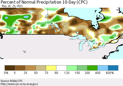 Canada Percent of Normal Precipitation 10-Day (CPC) Thematic Map For 5/16/2023 - 5/25/2023