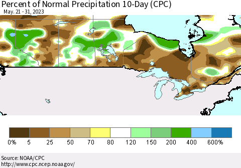 Canada Percent of Normal Precipitation 10-Day (CPC) Thematic Map For 5/21/2023 - 5/31/2023