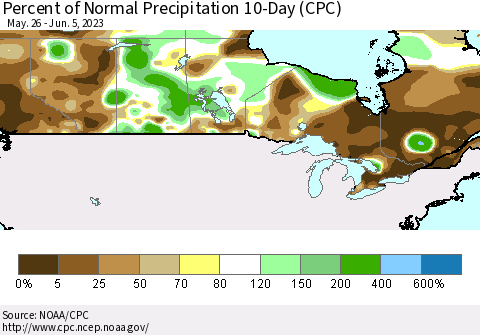 Canada Percent of Normal Precipitation 10-Day (CPC) Thematic Map For 5/26/2023 - 6/5/2023