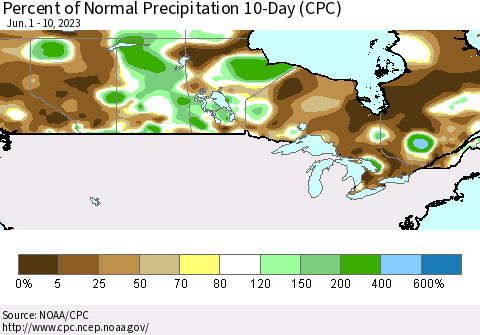 Canada Percent of Normal Precipitation 10-Day (CPC) Thematic Map For 6/1/2023 - 6/10/2023
