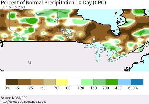 Canada Percent of Normal Precipitation 10-Day (CPC) Thematic Map For 6/6/2023 - 6/15/2023