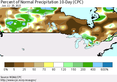 Canada Percent of Normal Precipitation 10-Day (CPC) Thematic Map For 6/11/2023 - 6/20/2023