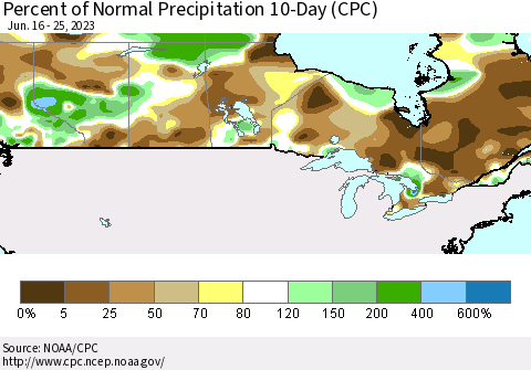 Canada Percent of Normal Precipitation 10-Day (CPC) Thematic Map For 6/16/2023 - 6/25/2023