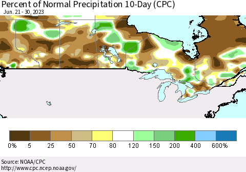 Canada Percent of Normal Precipitation 10-Day (CPC) Thematic Map For 6/21/2023 - 6/30/2023