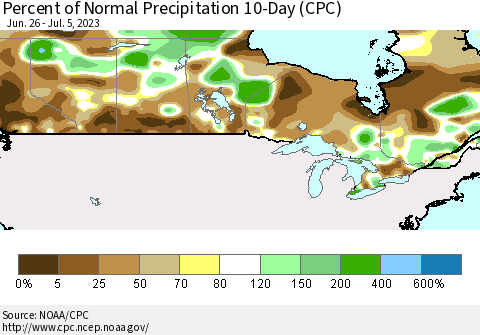 Canada Percent of Normal Precipitation 10-Day (CPC) Thematic Map For 6/26/2023 - 7/5/2023