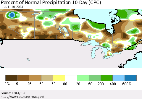 Canada Percent of Normal Precipitation 10-Day (CPC) Thematic Map For 7/1/2023 - 7/10/2023