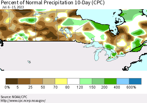 Canada Percent of Normal Precipitation 10-Day (CPC) Thematic Map For 7/6/2023 - 7/15/2023