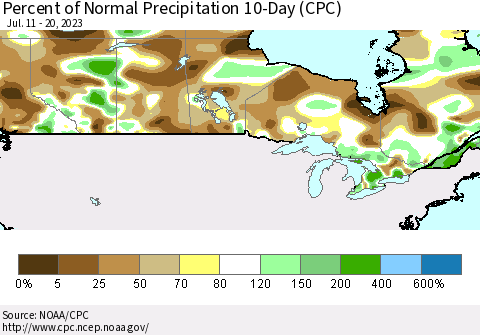 Canada Percent of Normal Precipitation 10-Day (CPC) Thematic Map For 7/11/2023 - 7/20/2023
