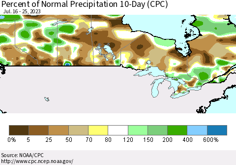Canada Percent of Normal Precipitation 10-Day (CPC) Thematic Map For 7/16/2023 - 7/25/2023