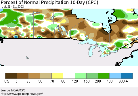 Canada Percent of Normal Precipitation 10-Day (CPC) Thematic Map For 7/21/2023 - 7/31/2023