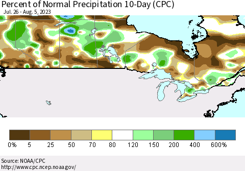 Canada Percent of Normal Precipitation 10-Day (CPC) Thematic Map For 7/26/2023 - 8/5/2023