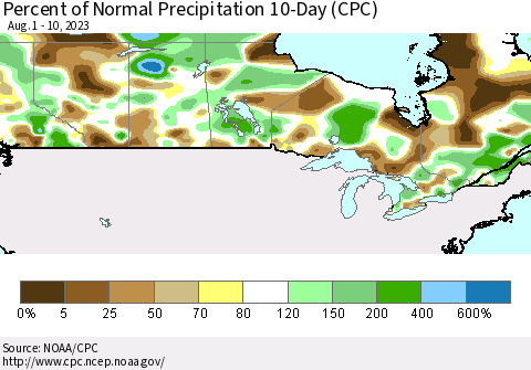 Canada Percent of Normal Precipitation 10-Day (CPC) Thematic Map For 8/1/2023 - 8/10/2023