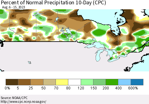 Canada Percent of Normal Precipitation 10-Day (CPC) Thematic Map For 8/6/2023 - 8/15/2023