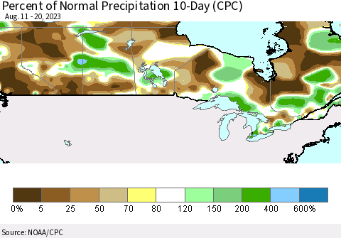Canada Percent of Normal Precipitation 10-Day (CPC) Thematic Map For 8/11/2023 - 8/20/2023
