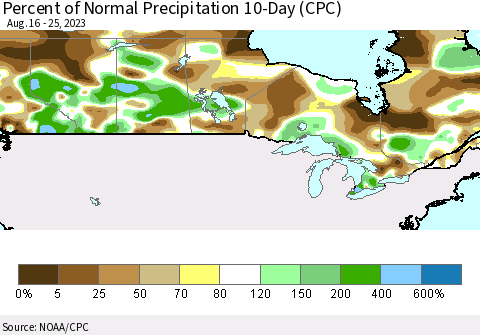 Canada Percent of Normal Precipitation 10-Day (CPC) Thematic Map For 8/16/2023 - 8/25/2023