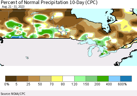 Canada Percent of Normal Precipitation 10-Day (CPC) Thematic Map For 8/21/2023 - 8/31/2023