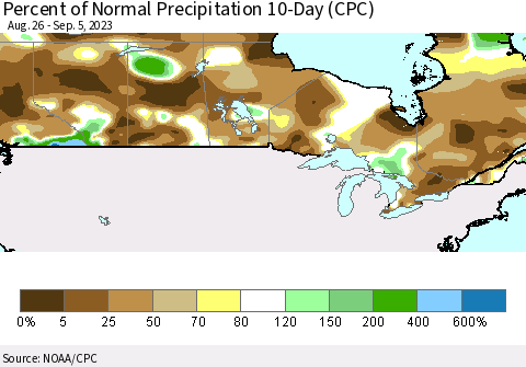 Canada Percent of Normal Precipitation 10-Day (CPC) Thematic Map For 8/26/2023 - 9/5/2023