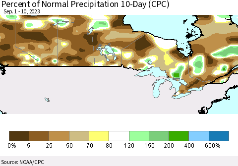 Canada Percent of Normal Precipitation 10-Day (CPC) Thematic Map For 9/1/2023 - 9/10/2023