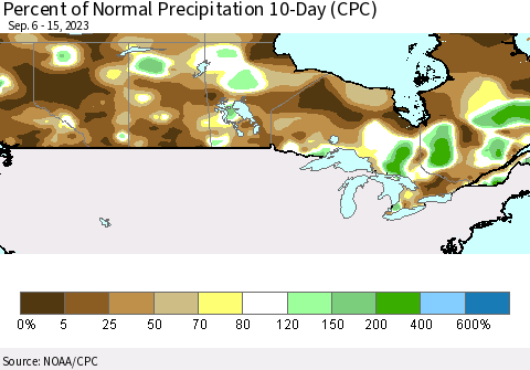 Canada Percent of Normal Precipitation 10-Day (CPC) Thematic Map For 9/6/2023 - 9/15/2023