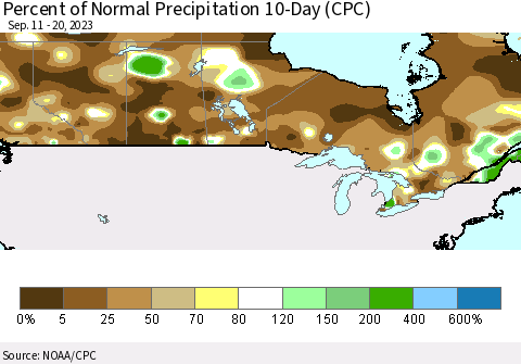 Canada Percent of Normal Precipitation 10-Day (CPC) Thematic Map For 9/11/2023 - 9/20/2023
