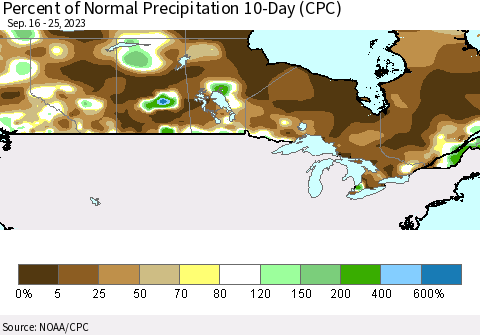 Canada Percent of Normal Precipitation 10-Day (CPC) Thematic Map For 9/16/2023 - 9/25/2023
