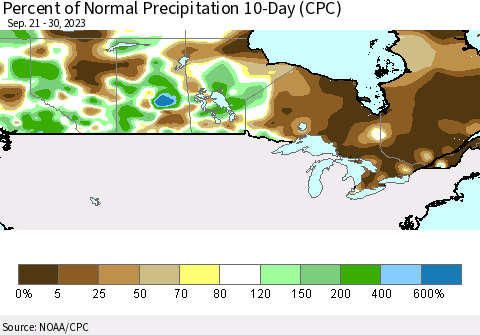 Canada Percent of Normal Precipitation 10-Day (CPC) Thematic Map For 9/21/2023 - 9/30/2023