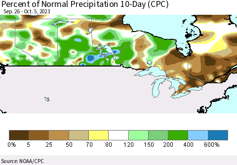 Canada Percent of Normal Precipitation 10-Day (CPC) Thematic Map For 9/26/2023 - 10/5/2023